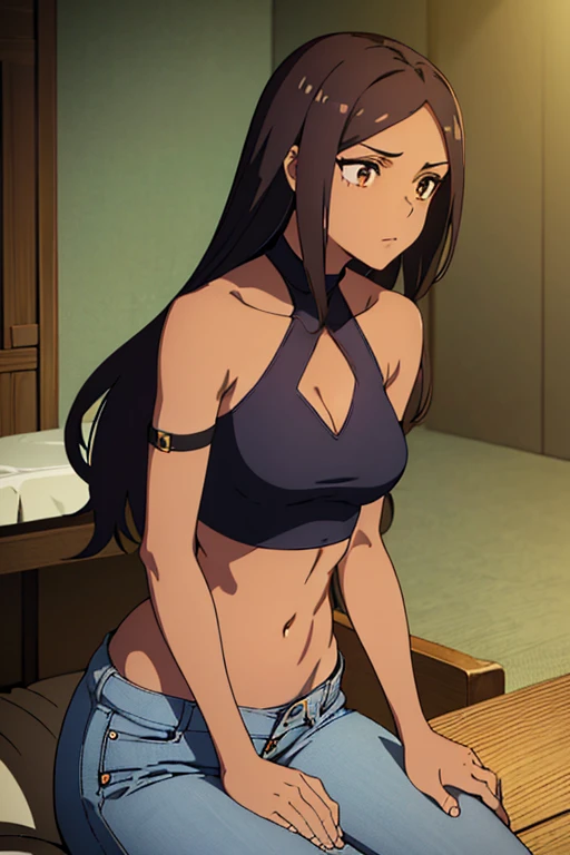 ((best quality)), ((masterpiece)), (detailed), perfect face, brown skin anime woman in a deep v neck tied crop top, (bare shoulders), (jeans trousers), famished in hunger, (gently resting hands on stomach), (long hair), (hands on her stomach), (slim woman), (shiny body), (shiny arms)