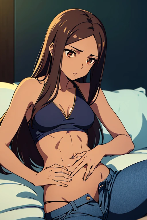 ((best quality)), ((masterpiece)), (detailed), perfect face, brown skin anime woman in a deep v neck tied crop top, (bare shoulders), (jeans trousers), famished in hunger, (gently resting hands on stomach), (long hair), (hands on her stomach), (slim woman), (shiny body), (shiny arms)