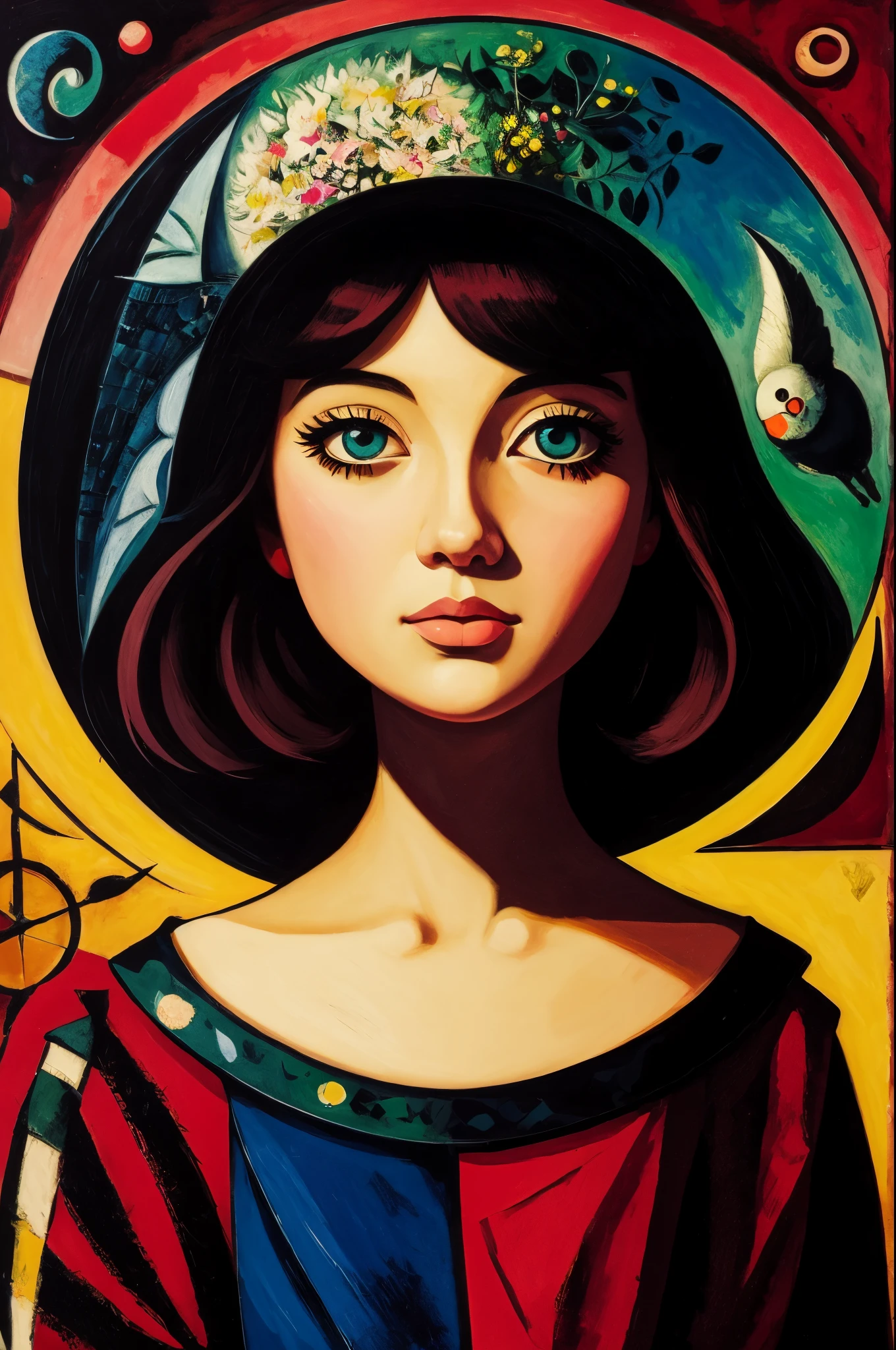 [[(front full portrait:1girl (solo) with big eyes and a short hair bob)((Ilya-Kuvshinov style)),comic art [dress ((Marc Chagall style)])):20]/[background:landscape
 Renaissance+Baroque, old canva, (scarlet sunset), ((style Hieronymus-Bosch))]/[very colorful,((oil painting palette knife))((masterpiece))]]