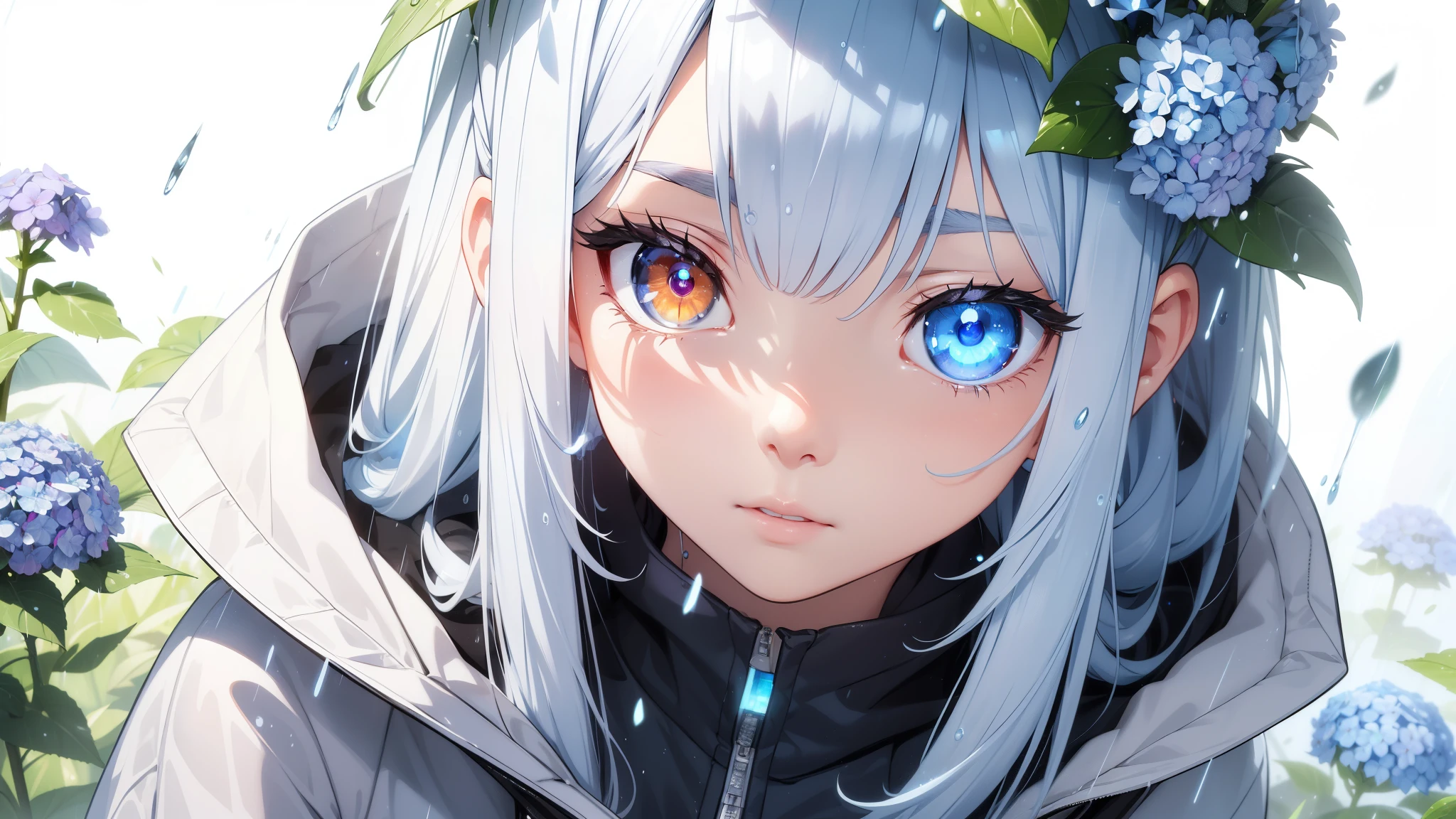 Best quality、Photorealistic、Ultra-detailed、delicate、Orderly、High Detail、Bluish silver ponytail、(Drooping heterochromia iris,glowing eyes:1.3)、slender、(One girl:1.2)、(Dynamic Angle、Blue hydrangea、Girl wearing a rain parka、Get wet、cinematic concept art、Natural Beauty:1.3)、,Ambient Occlusion、Ambient Light、Ray-traced Reflections、Glow、Shiny Hair、
