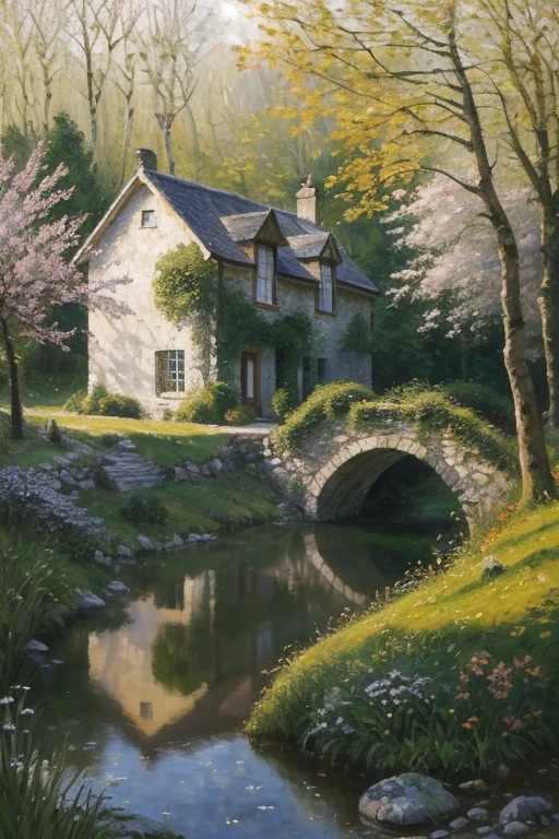 Sisley style , impressionism oil painting, Spring, a cozy cute small English house in the forest on the river bank, a stone bridge leads to the house, silence, rustle of leaves, the river flows into the distance, disappeared over the horizon, cool and quiet,  art, beautiful, masterpiece, volumetric, professional art, mysterious ambiance
