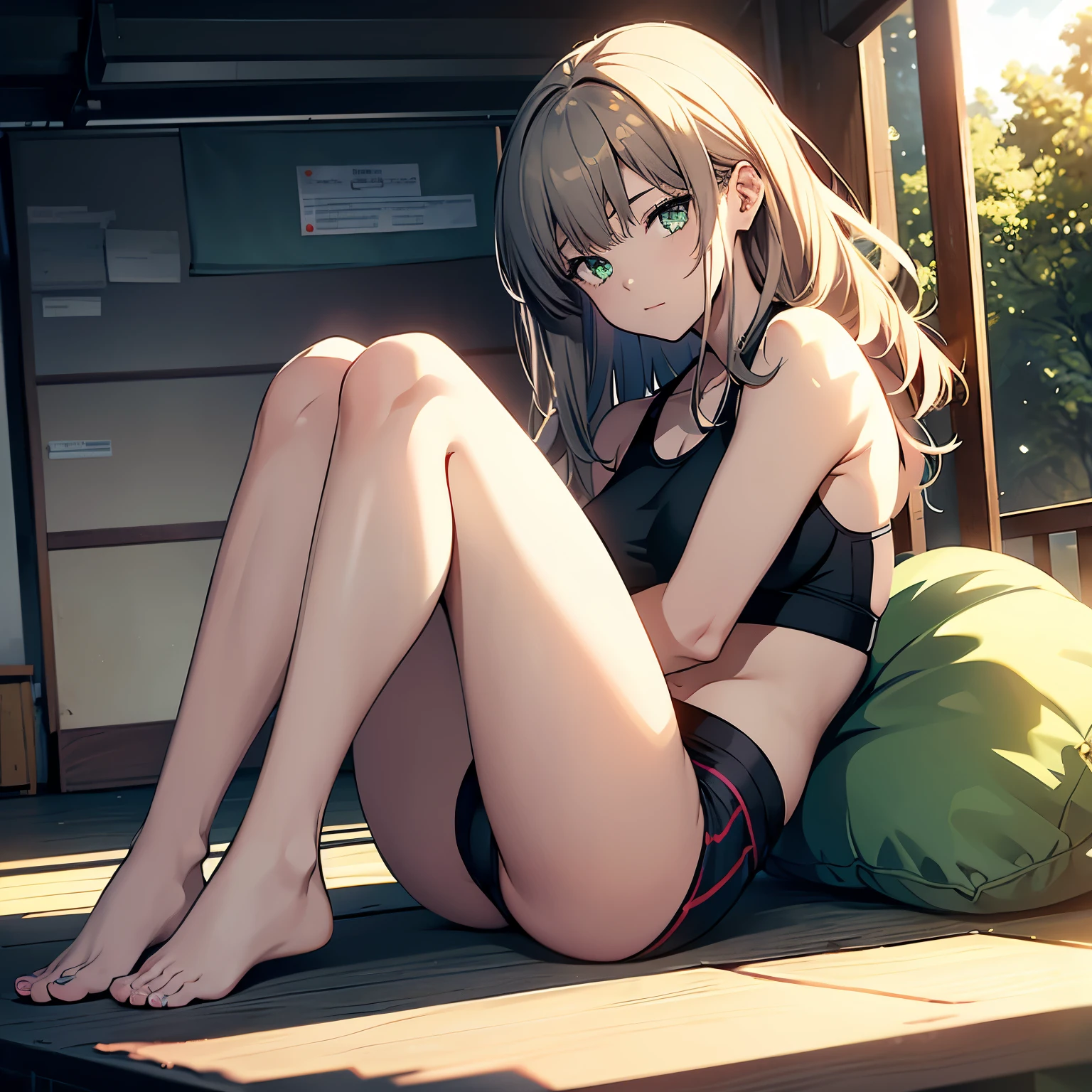 (Very detailed CG ユニティ 8k 壁紙)、(masterpiece)、(highest quality)、(Very detailed)、(Best illustrations)、(Best Shadow)、((From the side))、alone、One Girl、Green Eyes、Big Eyes、((sideを見せる))、((Lying down))、((Yoga poses))、side、Leg spread、Sports Bra、Relaxing lighting、Bright colors、Natural light、side汗、180°Leg spread