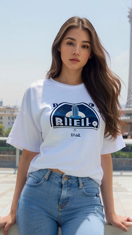 xoaeriel, a beautiful woman with wavy brown hair, ojos azules, nariz redonda, wearing an oversized white t-shirt ,((sin logotipos)) ,usando jeans negros,De pie frente a la torre effiel. Imagen de cuerpo completo, hiperealista
