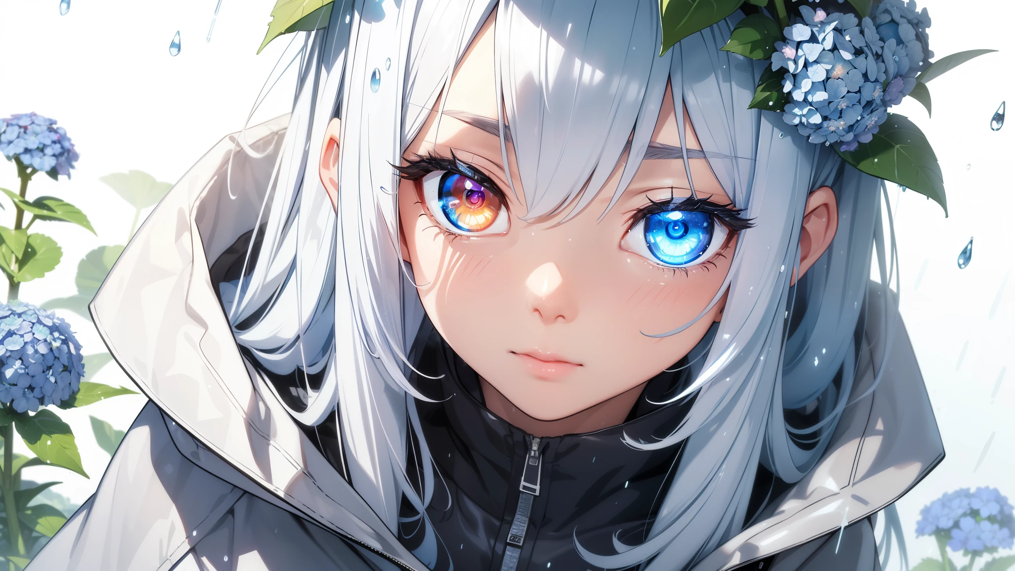 Best quality、Photorealistic、Ultra-detailed、delicate、Orderly、High Detail、Bluish silver ponytail、(Drooping heterochromia iris,glowing eyes:1.3)、slender、(One girl:1.2)、(Dynamic Angle、Blue hydrangea、Girl wearing a rain parka、Get wet、cinematic concept art、White background、Natural Beauty:1.3)、,Ambient Occlusion、Ambient Light、Ray-traced Reflections、Glow、Shiny Hair、
