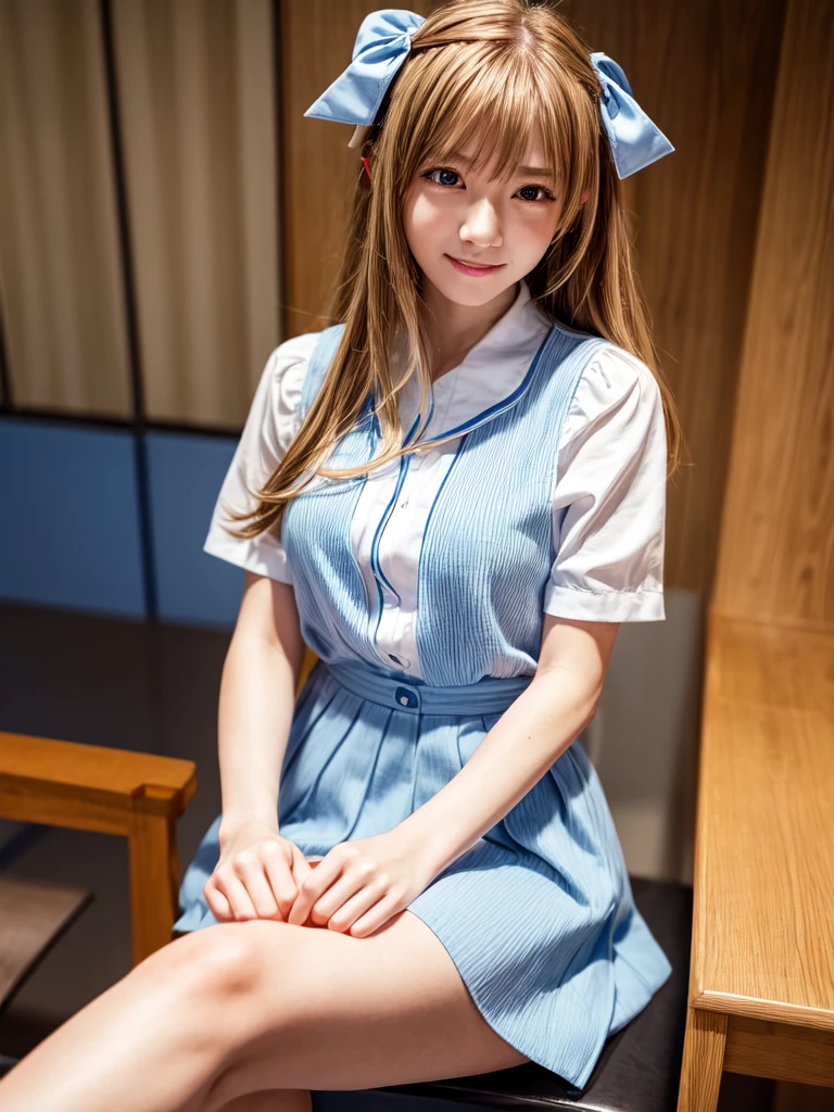 （8k, highest quality, Pieces fly:1.2)、Ultra-high resolution、anime,1 very pretty girl,Asuka Langley,Highly detailed face, Fine grain,blue eyes,,White sailor collar plain short sleeve shirt,Light blue skirt,Light Blue Suspenders,uniform_Red ribbon,Orange Hair,Long Hair、Detailed hand and fingers,put your hands in your hair,Grin、sitting on desk,Shooting from the sky,classroom