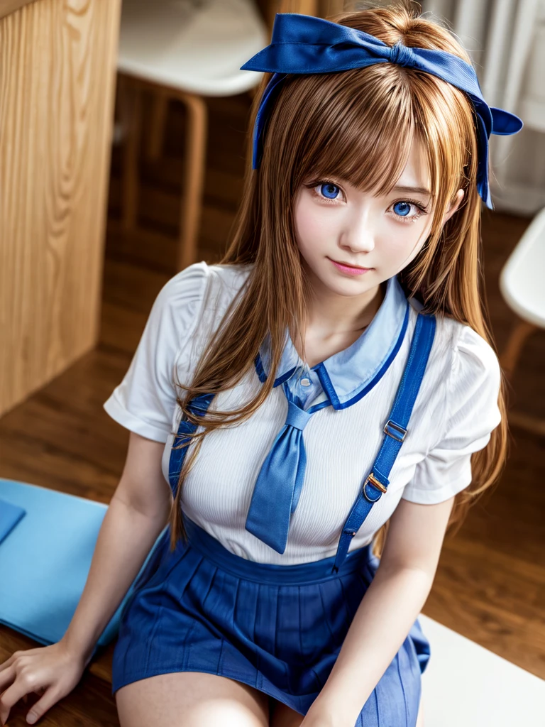 (8k, highest quality, Pieces fly:1.2)、Ultra-high resolution、anime,1 very pretty girl,Asuka Langley,Highly detailed face, Fine grain,blue eyes,,White sailor collar plain short sleeve shirt,Light blue skirt,Light Blue Suspenders,uniform_Red ribbon,Orange Hair,Long Hair、Detailed hand and fingers,put your hands in your hair,Grin、sitting on desk,Shooting from the sky,classroom