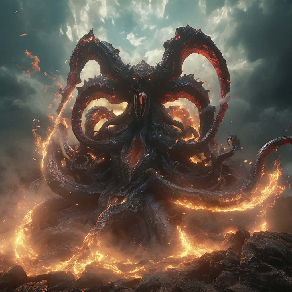 (best quality,4k,8k,High resolution,masterpiece:1.2),Ultra-detailed,(Realistic,photoRealistic,photo-Realistic:1.37),Giant three-faced demons from another dimension summoned from the magic circle, Horreur cosmique, deformed heads with twisted tentacles and horns, a large number of huge fangs, long sharp claws, Une longue queue, une silhouette terrifiante vêtue de flammes bleues, une violence écrasante qui plonge le monde dans le chaos, libération de l'imaginaire, briser les limites, creation of a new world one of them is the most beautiful face in the universe