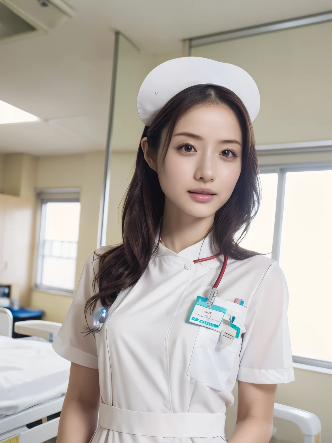 1 girl,(Wearing white nurse clothes:1.2),(RAW Photos, highest quality), (Realistic, photo-Realistic:1.4), masterpiece, Very delicate and beautiful, Very detailed, 2k wallpaper, wonderful, finely, Very detailed CG unity 8k wallpaper, Very detailed, High resolution, Soft Light, Beautiful detailed girl, Very detailed eyes and face, Beautiful and detailed nose, finely beautiful eyes, Perfect Anatomy, Black Hair, Upstyle, nurse uniform, ((nurse cap)), Long skirt, nurse, White costume, thin, hospital, clear, White Uniform, hospital room, Neck auscultation, 