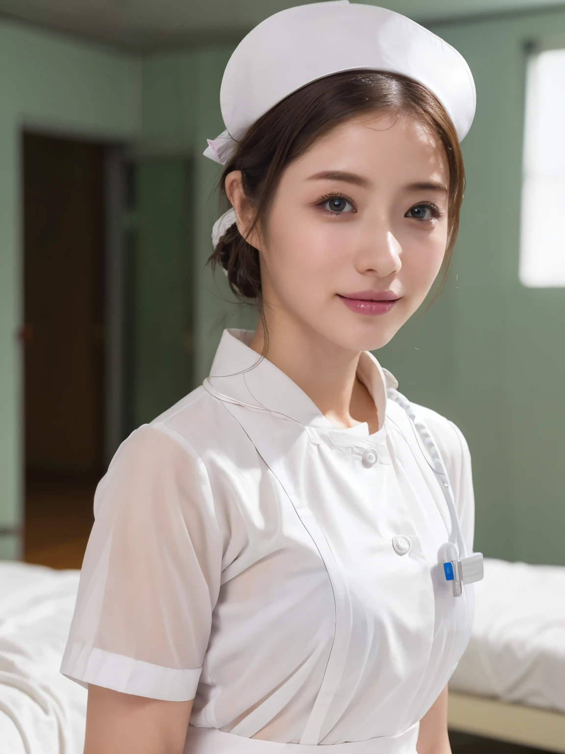 1 girl,(Wearing white nurse clothes:1.2),(RAW Photos, highest quality), (Realistic, photo-Realistic:1.4), masterpiece, Very delicate and beautiful, Very detailed, 2k wallpaper, wonderful, finely, Very detailed CG unity 8k wallpaper, Very detailed, High resolution, Soft Light, Beautiful detailed girl, Very detailed eyes and face, Beautiful and detailed nose, finely beautiful eyes, Perfect Anatomy, Black Hair, Upstyle, nurse uniform, ((nurse cap)), Long skirt, nurse, White costume, thin, hospital, clear, White Uniform, hospital room, Neck auscultation, ((Upper Body))