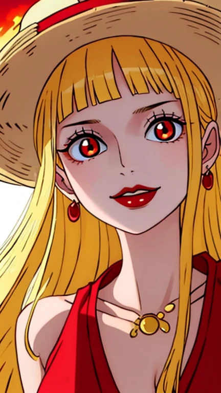 Beautiful anime girl, solo, 1girl, looking at viewer, cute,beautiful, red eyes, open hair, blonde hair, long hair, bangs, wearing a strawhat, Monkey D luffy's strawhat, one piece, smiling, smooth skin, light skin, red lips, golden earings, anime, best quality, masterpiece, extremely detailed, 4k, red eyes, beautiful red eyes, detailed face, detailed eyes, red dress, golden necklace, standing, fiery background, boa hancock,