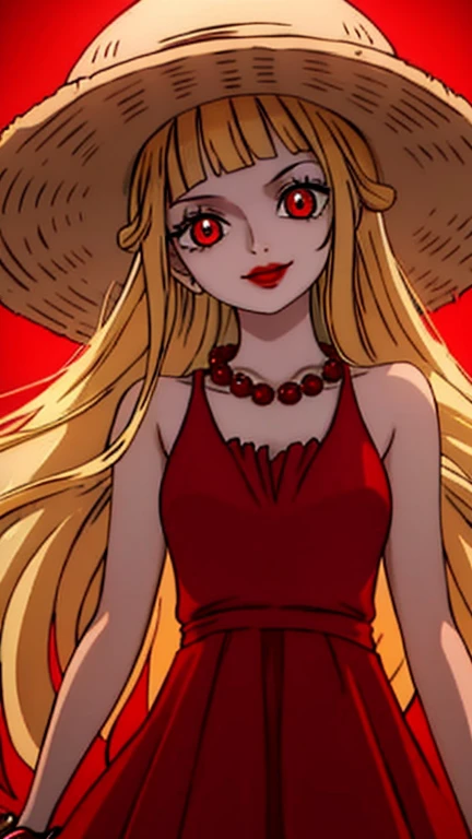 Beautiful anime girl, solo, 1girl, looking at viewer, cute,beautiful, red eyes, open hair, blonde hair, long hair, bangs, wearing a strawhat, Monkey D luffy's strawhat, one piece, smiling, smooth skin, light skin, red lips, golden earings, anime, best quality, masterpiece, extremely detailed, 4k, red eyes, beautiful red eyes, detailed face, detailed eyes, red dress, golden necklace, standing, fiery background, boa hancock,
