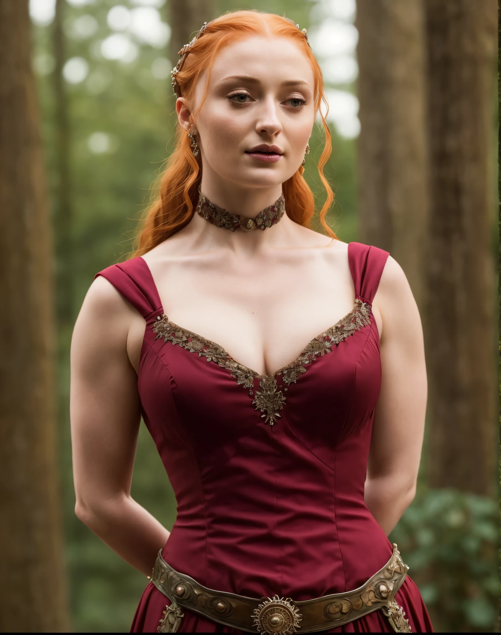 Face of Sophie Turner, Sansa Stark played by Sophie Turner, the de facto Lady of the Eyrie, is a 40-year-old queen with a stunning, alluring appearance. Full Face, pierced eyes, reddish lips, upper body shot, eroticeval costumes, game of thrones costumes, She wears a Game of Thrones-inspired costume and has a deep cleavage, a thick body, and a perfect thick figure. The photograph captures her in a close-up, with her skin texture and facial features being ultra-realistic and realistic. Juicy thick figure, high quality skin, Skin pores, amazing details,