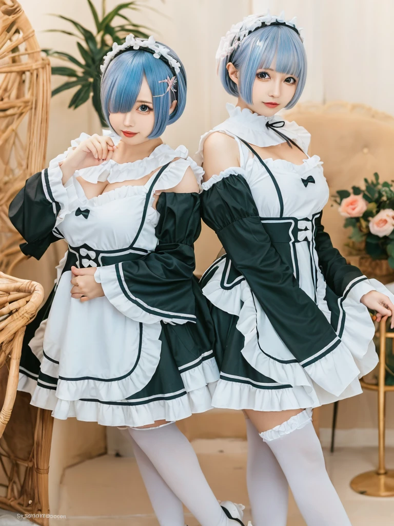 (8K, Photorealistic, Raw photo, of the highest quality: 1.3), (1girl in), Super beautiful, (Realistic face), (boyish, light blue Color Berry Shorthair),(8K, Photorealistic, Raw photo, of the highest quality: 1.3), (1girl in), Super beautiful, (Realistic face), (boyish, pink Color Berry Shorthair), Beautiful , Glare that captivates the viewer, Beautiful expression, Beautiful ???????, (Realistic skin), Be...Create a detailed and colorful image of Ram and Rem from Re:Zero, standing back-to-back in their maid outfits, with a magical fantasy background、14years old, two girls,cute, perfect face, beautiful, nice body, gothic lolita clothes, gothic lolita fashion, frilly skirt, headdress, necklace, bracelet, knee-high socks, boots, double eyelids, tear bags, Detailed down to the fingers, photo-like description, indoors, dim indoor lighting, one girl is pink hair and short bob, another girl is light blue hair and short bob,standing, whole body, composition that shows the whole body, smiling,The Both of them are wearing the same type of maid outfit