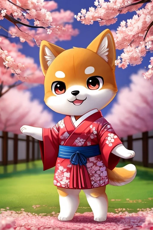 A Shiba Inu, with a japanese kimono, dansing under sakura blossom, chibi version, kawaii