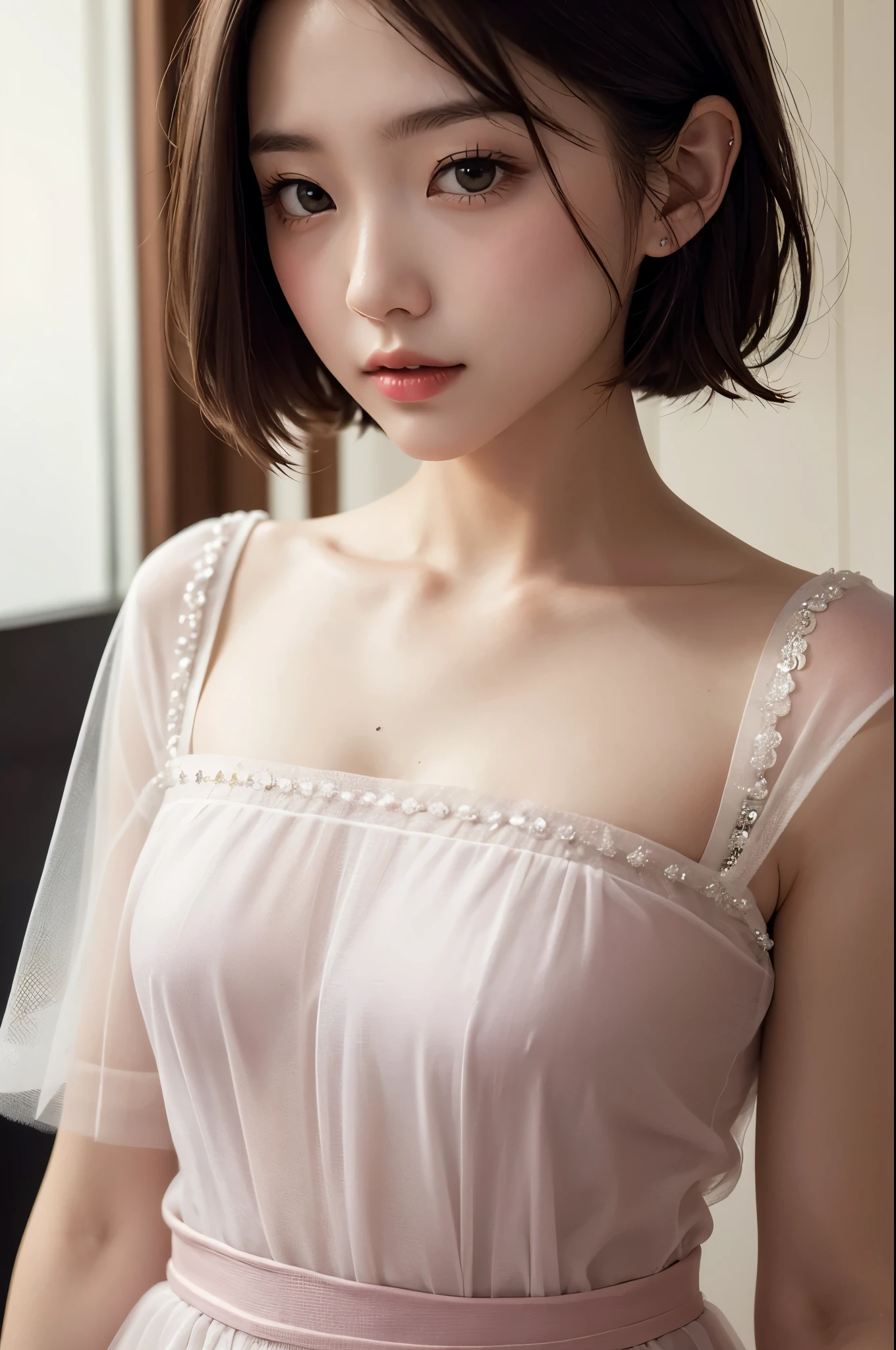 masterpiece、Spring Dresses, Hair Color, Sheer short skirt, Light tulle, (Close up on face)、Narrow waist, Smooth, soft and delicate skin、beautiful girl、Japanese、18-year-old, (embarrassed)
