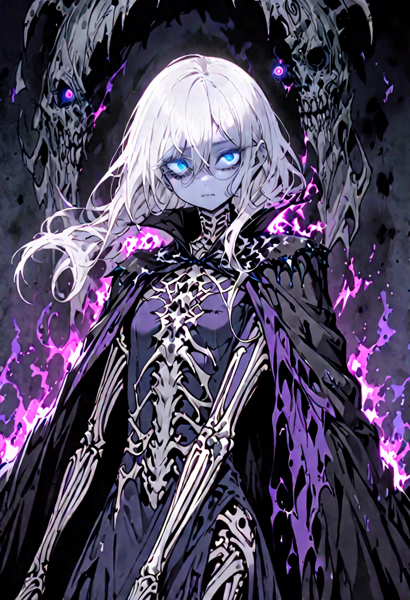 solo, female, pose, blue empty glowing void eyes, long messy white hair, very pale skin:1.3, flat chest, slim, bored, tattered regal gown, black aura:.4, sfw, lich, magic, cape over shoulders, skeletonized