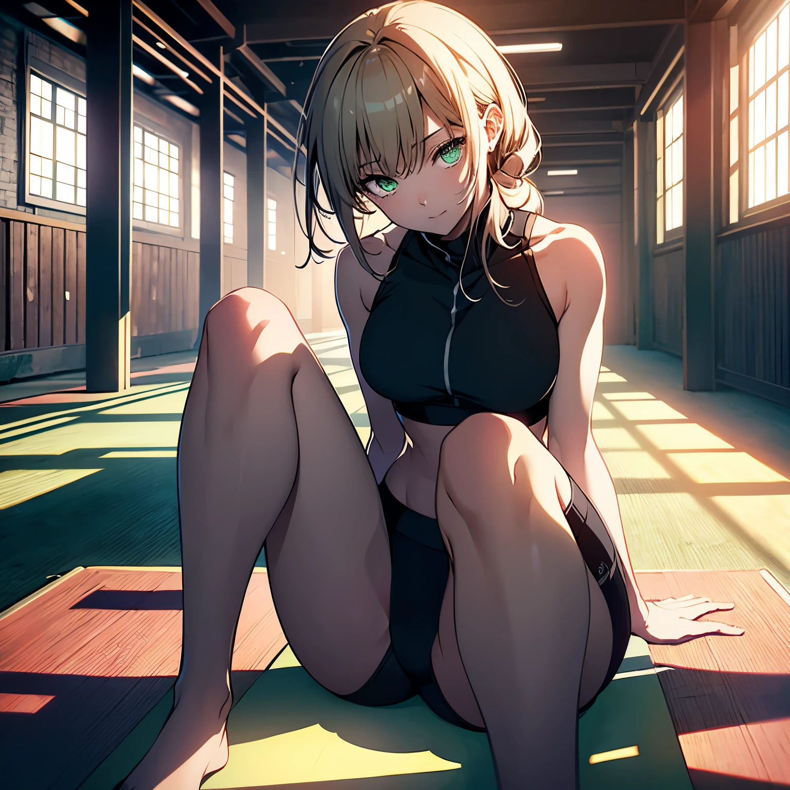 (Very detailed CG ユニティ 8k 壁紙)、(masterpiece)、(highest quality)、(Very detailed)、(Best illustrations)、(Best Shadow)、alone、One Girl、Green Eyes、Big Eyes、（（sideを見せる））、（（Put your hands on your knees））、（（whole body））、（（Yoga poses））、side、Leg spread、Sports Bra、Relaxing lighting、Bright colors、Natural light、side汗、180°Leg spread