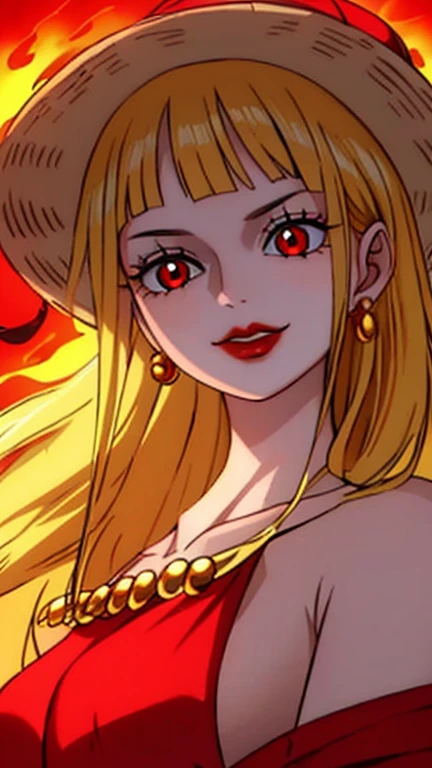 Beautiful anime girl, solo, 1girl, looking at viewer, cute,beautiful, red eyes, open hair, blonde hair, long hair, bangs, wearing a strawhat, Monkey D luffy's strawhat, one piece, smiling, smooth skin, light skin, red lips, golden earings, anime, best quality, masterpiece, extremely detailed, 4k, red eyes, beautiful red eyes, detailed face, detailed eyes, red dress, golden necklace, standing, fiery background, boa hancock,