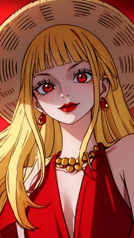 Beautiful anime girl, solo, 1girl, looking at viewer, cute,beautiful, red eyes, open hair, blonde hair, long hair, bangs, wearing a strawhat, Monkey D luffy's strawhat, one piece, smiling, smooth skin, light skin, red lips, golden earings, anime, best quality, masterpiece, extremely detailed, 4k, red eyes, beautiful red eyes, detailed face, detailed eyes, red dress, golden necklace, standing, fiery background, boa hancock,