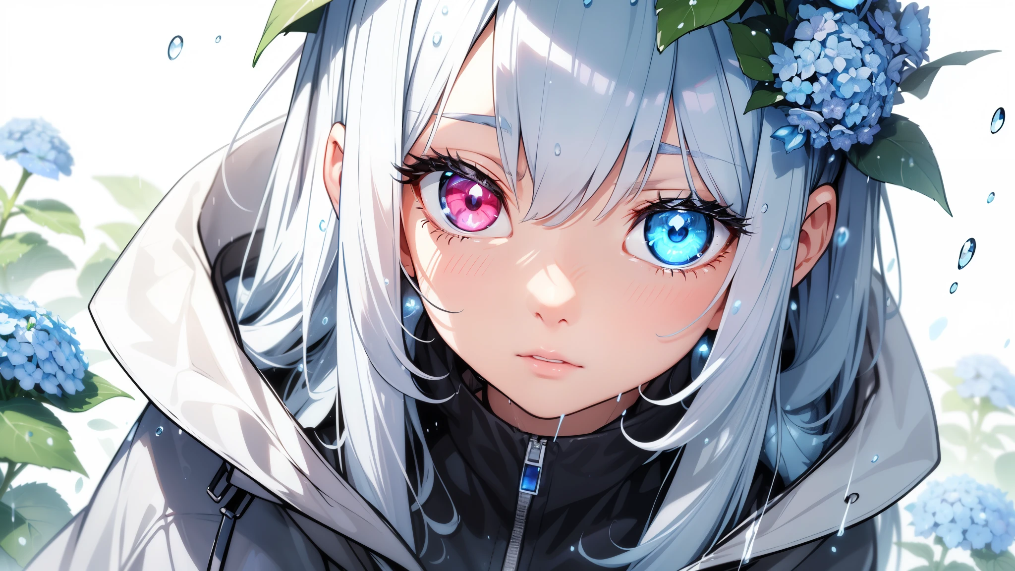 Best quality、Photorealistic、Ultra-detailed、delicate、Orderly、High Detail、Bluish silver ponytail、(Drooping heterochromia iris,glowing eyes:1.3)、slender、(One girl:1.2)、(Dynamic Angle、Blue hydrangea、Girl wearing a rain parka、Get wet、cinematic concept art、White background、Natural Beauty:1.3)、,Ambient Occlusion、Ambient Light、Ray-traced Reflections、Glow、Shiny Hair、