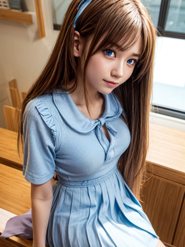 (8k, highest quality, Pieces fly:1.2)、Ultra-high resolution、anime,1 very pretty girl,Asuka Langley,Highly detailed face, Fine grain,blue eyes,,White sailor collar plain short sleeve shirt,Light blue skirt,Light Blue Suspenders,uniform_Red ribbon,Orange Hair,Long Hair、Detailed hand and fingers,put your hands in your hair,Grin、sitting on desk,Shooting from the sky,classroom