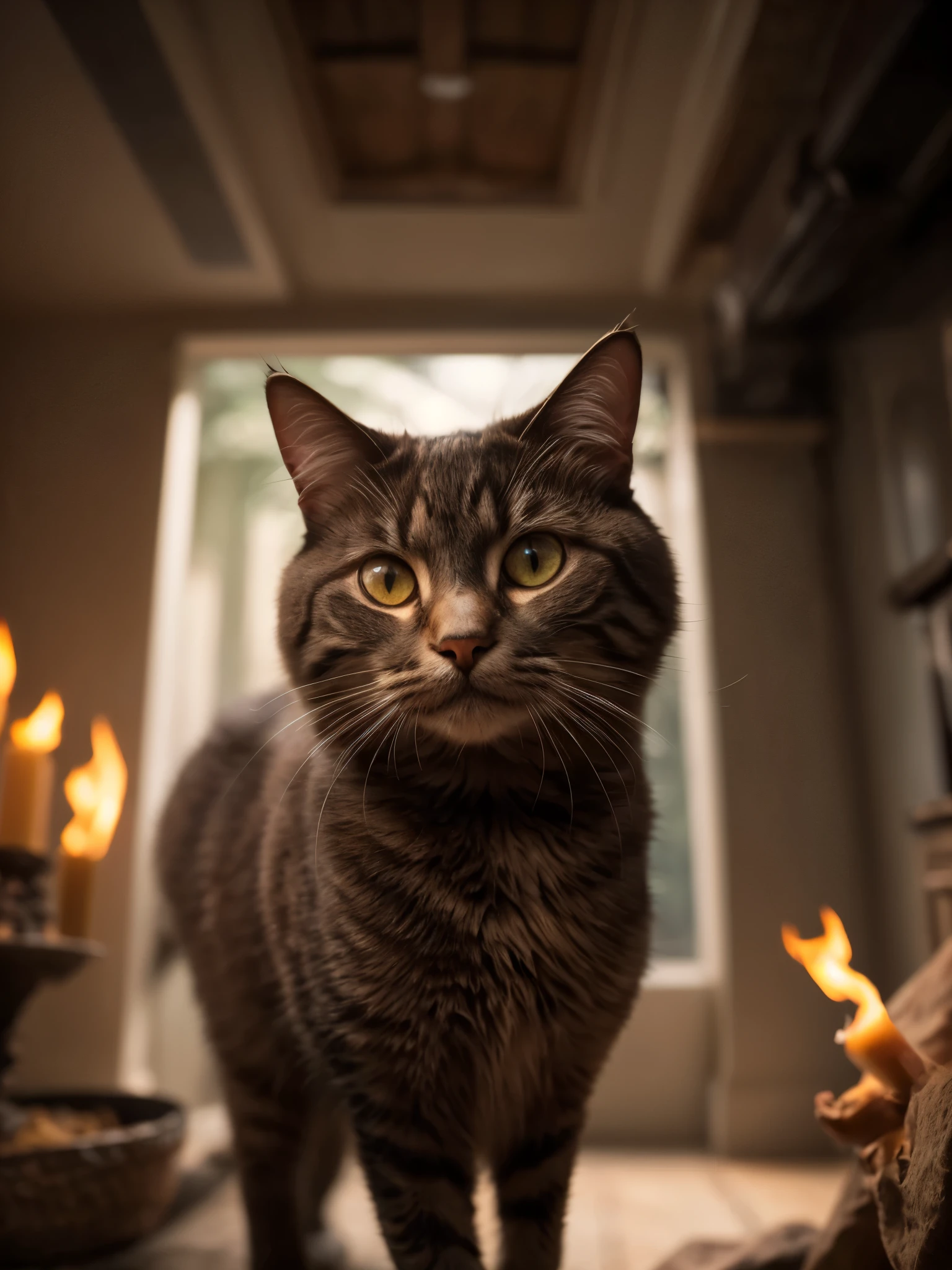 (Highest quality:1.3), cinematic shot, masterpiece, (sharp focus:1.5), (photorealistic:1.3), medium portrait of (a cat immersed in a surreal world surrounded by light, cute cat, cute smile, bottom view, viewed from the ground, a few torches burn on the walls, giving the scene a dark atmosphere but sculpting the forms in sharp chiaroscuro), it is night time, (highly detailed texture), (detailed face), detailed background, dark lighting, twilight lighting, volumetric lighting, intricate details, UHD,