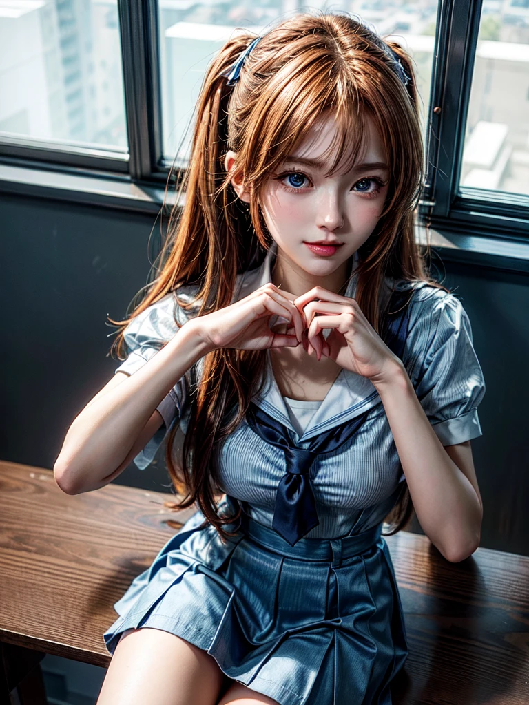 (8k, highest quality, Pieces fly:1.2)、Ultra-high resolution、anime,1 very pretty girl,Asuka Langley,Highly detailed face, Fine grain,blue eyes,,White sailor collar plain short sleeve shirt,Light blue skirt,Light Blue Suspenders,uniform_Red ribbon,Orange Hair,Long Hair、Detailed hand and fingers,put your hands in your hair,Grin、sitting on desk,Shooting from the sky,classroom