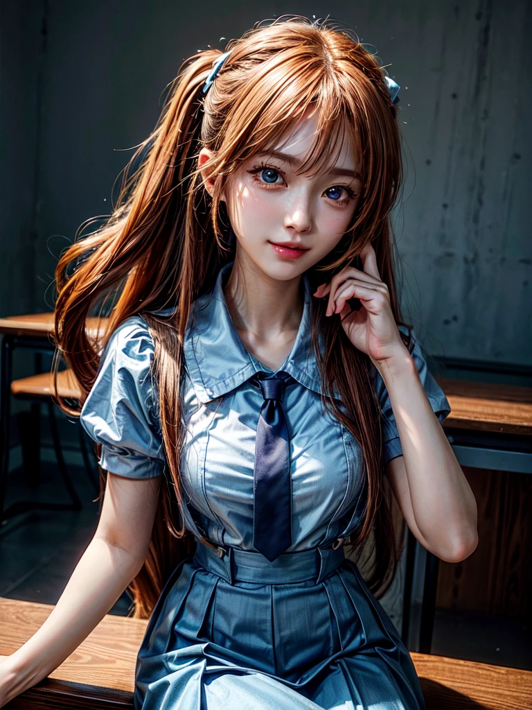 （8k, highest quality, Pieces fly:1.2)、Ultra-high resolution、anime,1 very pretty girl,Asuka Langley,Highly detailed face, Fine grain,blue eyes,,White sailor collar plain short sleeve shirt,Light blue skirt,Light Blue Suspenders,uniform_Red ribbon,Orange Hair,Long Hair、Detailed hand and fingers,put your hands in your hair,Grin、sitting on desk,Shooting from the sky,classroom