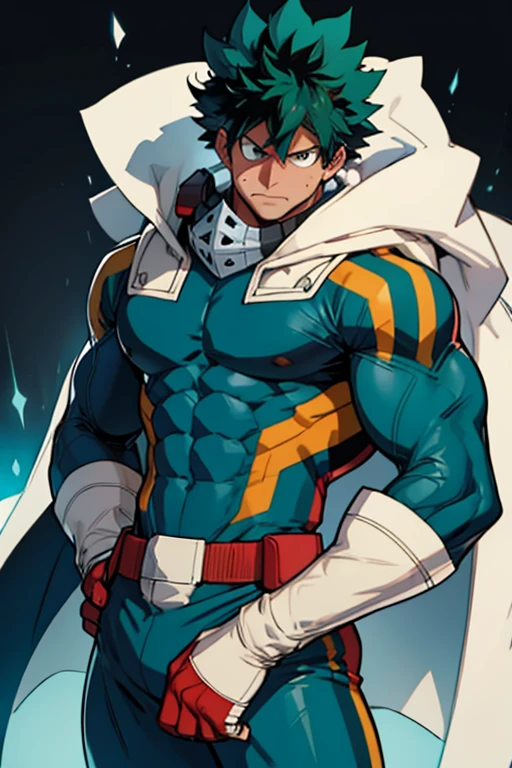 Un Izuku Midoriya con la musculatura de All Might , With toned and robust muscles, His strength and endurance would be unmatched.. His All Might-inspired suit would be a perfect combination of style and functionality., with the characteristic design in the shape of "Y" en el pecho y los colores verde, negro y blanco decorando su uniforme. The cape billowing behind him would add a touch of majesty to his appearance., making it look even more impressive