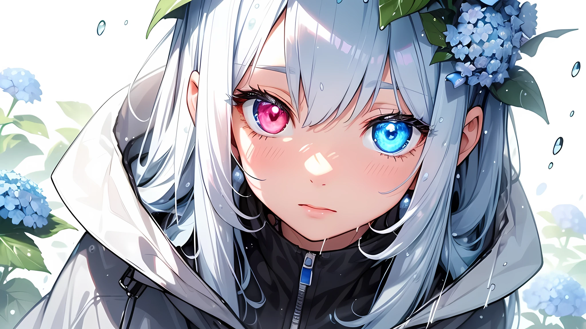 Best quality、Photorealistic、Ultra-detailed、delicate、Orderly、High Detail、Bluish silver ponytail、(Drooping heterochromia iris,glowing eyes:1.3)、slender、(One girl:1.2)、(Dynamic Angle、Blue hydrangea、Girl wearing a rain parka、Get wet、cinematic concept art、White background、Natural Beauty:1.3)、,Ambient Occlusion、Ambient Light、Ray-traced Reflections、Glow、Shiny Hair、
