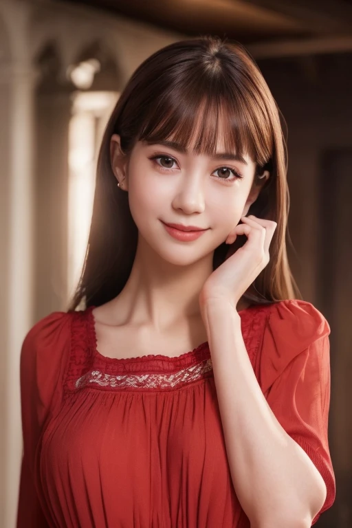 One girl,(wearing a red blouse:1.2),(RAW Photos, highest quality), (Realistic, photo-Realistic:1.4), masterpiece, Very delicate and beautiful, Very detailed, 2k wallpaper, wonderful, In detail, Very detailed CG unity 8k wallpaper, Fairy-like,Very detailedな, High resolution, Soft Light, Beautiful detailed girl, Very detailed eyes and face, Beautifully detailed nose, Beautiful fine details,Cinema Lighting,City lights at night,Perfect Anatomy,Slender body,smile