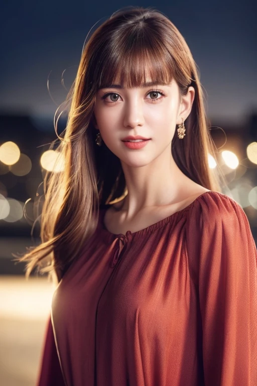 One girl,(wearing a red blouse:1.2),(RAW Photos, highest quality), (Realistic, photo-Realistic:1.4), masterpiece, Very delicate and beautiful, Very detailed, 2k wallpaper, wonderful, In detail, Very detailed CG unity 8k wallpaper, Fairy-like,Very detailedな, High resolution, Soft Light, Beautiful detailed girl, Very detailed eyes and face, Beautifully detailed nose, Beautiful fine details,Cinema Lighting,City lights at night,Perfect Anatomy,Slender body,smile