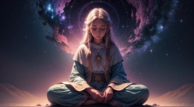 desenho de um monge meditando no vasto universo. air of great wisdom and strength. vestes largas. chakras acesos. cores vibrantes. Ao fundo, a forest with a starry sky. high definition image, high detailing and dreamlike drawing style. cores neon, Imagem com pelo menos 300 dpi, HD, Digital art