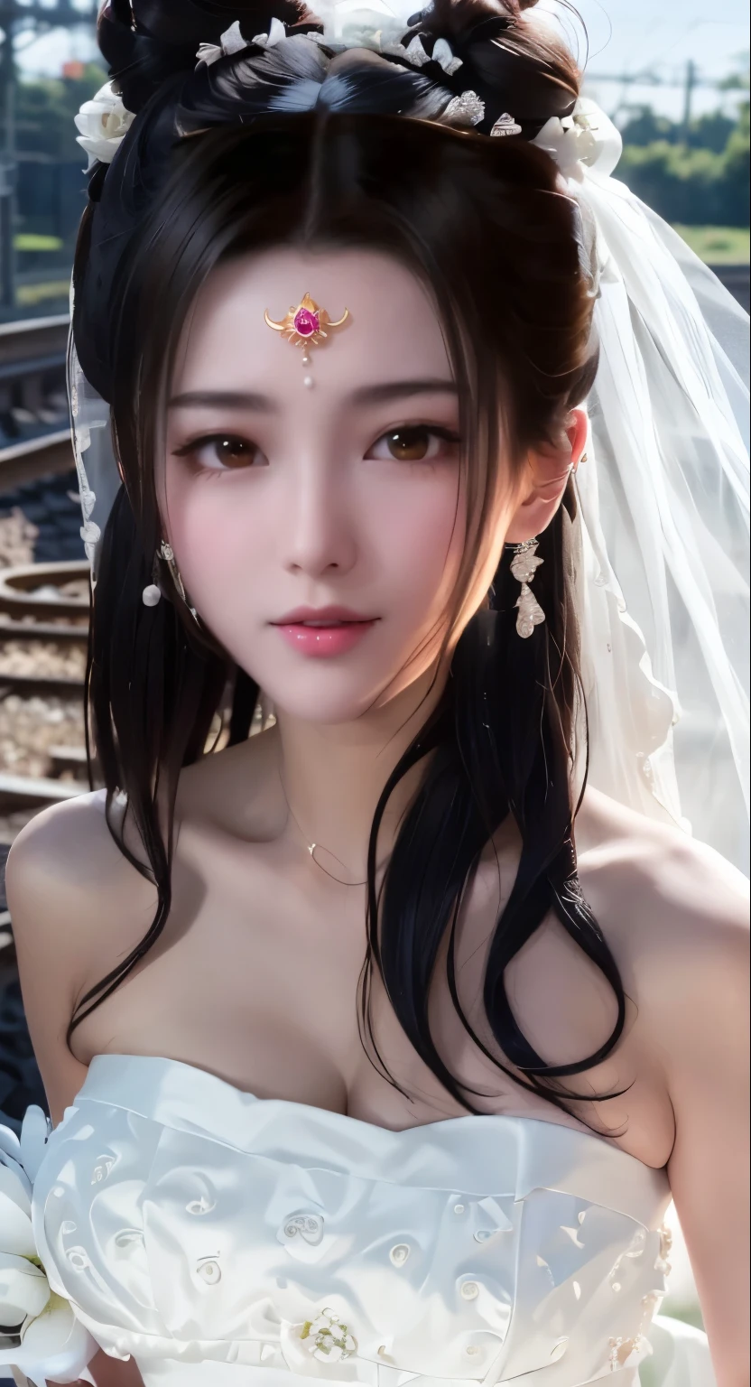 (((Pixel Perfect, Perfect details))), Solitary, 1 girl，bride, yuigahama yui， Keep your mouth shut，pink glossy lips,bride子穿著bride禮服的特写,Gulwitz, (((bride頭紗)))，（Transparent short veil），blush，Eyeshadow，Blushing face，Head flower，headgear，((Bouquet))，((((tube top wedding dress))))，(((Strapless Wedding Dress))),(Bare shoulders)，Pure white dress，(necklace)，((earrings))，(large breasts:1.3)，Bangs，Lipstick，((White long elbow gloves)),Half-length photo,High Detail RAW Color Art,White long skirt,There is a railway track next to it，(standing on the railroad tracks:1.3),18 years old, （Long twin tails：1.5）,(Double bun:1.5), Black Hair,Rainy Day