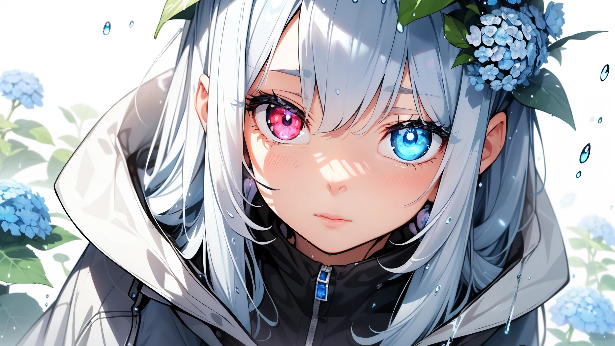 Best quality、Photorealistic、Ultra-detailed、delicate、Orderly、High Detail、Bluish silver ponytail、(Drooping heterochromia iris,glowing eyes:1.3)、slender、(One girl:1.2)、(Dynamic Angle、Blue hydrangea、Girl wearing a rain parka、Get wet、cinematic concept art、White background、Natural Beauty:1.3)、,Ambient Occlusion、Ambient Light、Ray-traced Reflections、Glow、Shiny Hair、
