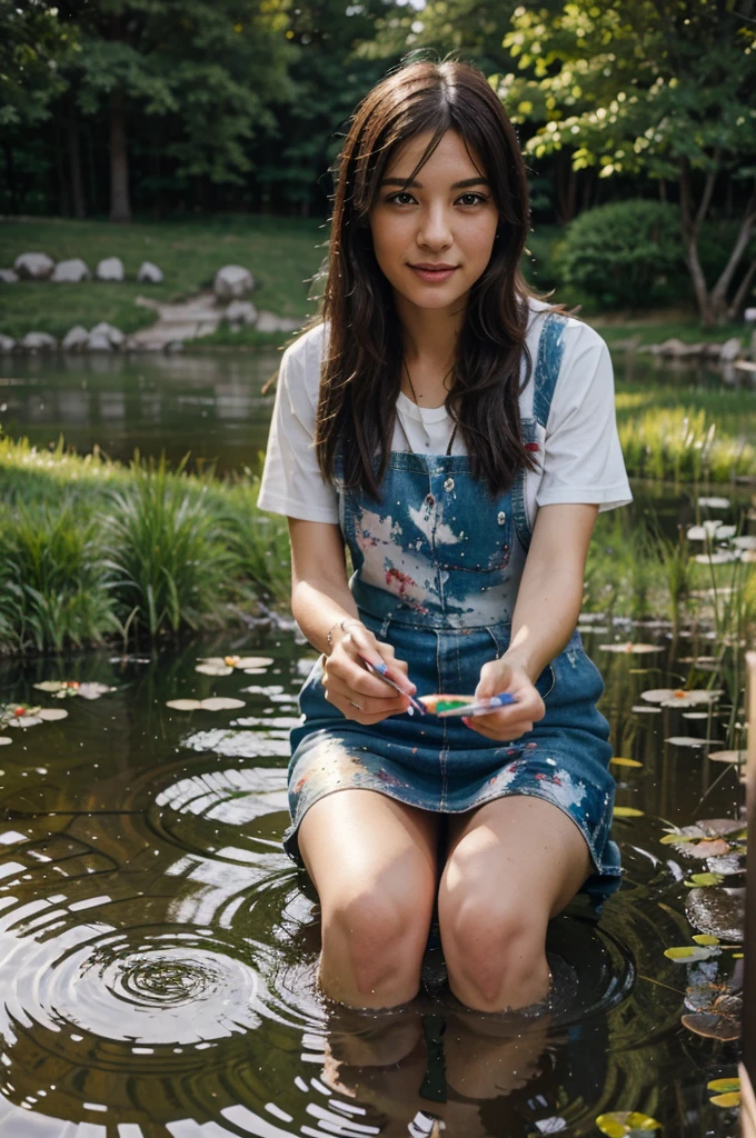 Mia painting by the sparkling pond