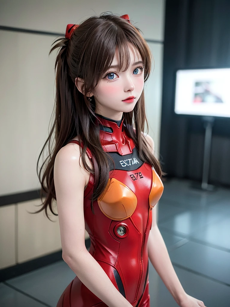 ((Best quality)), ((Masterpiece)), (Details: 1.4), 3D, Asuka Langley Soryu, Asuka, high resolution (high dynamic range), ray tracing, NVIDIA, super resolution, Unreal 5, subsurface scattering ,PBR texturing, post-processing, anisotropic filtering, depth of field, maximum sharpness and sharpness, multi-layered textures, albedo and specular maps, surface shading, accurate simulation of light and matter interaction, perfect proportions ,Octane Rendering,Two-Tone Lighting,Wide Aperture,Low ISO,White Balance,Rule of Thirds,8K RAW,(Masterpiece: 1.4, Best Quality), (Intricate Details), Unity8k Wallpaper, Highly Detailed, Beautiful and Mysterious, Details background, realistic, alone, perfectly detailed face, detailed blue eyes, highly detailed, blush, hair ornament, chignon mahogany hair, (blonde), plug suit 02, Shikinami Asuka Langley, Evangelion, Slender 15-year-old girl, full body suit, black background, above the waist,composition that shows the whole body,