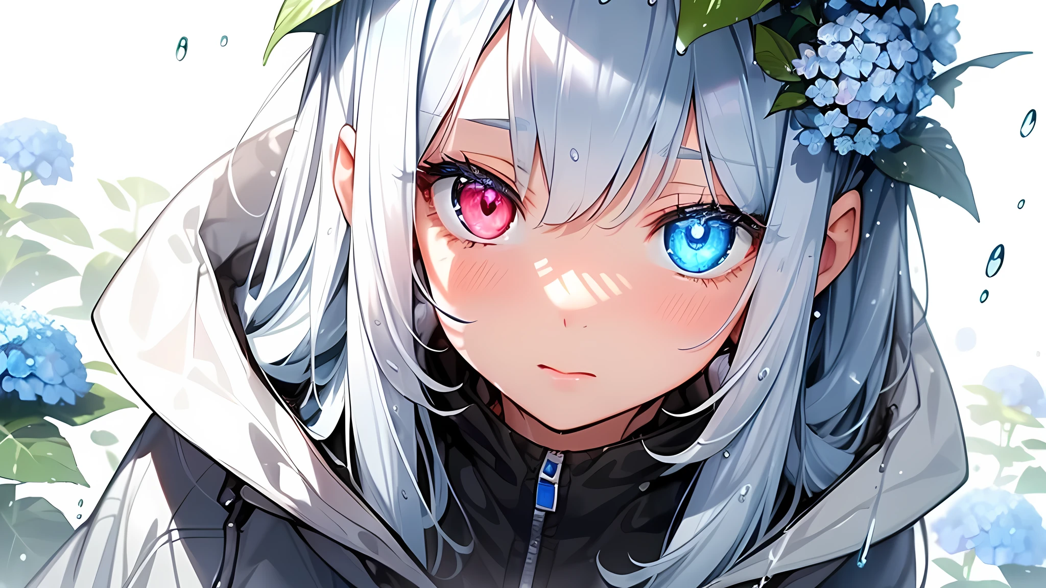 Best quality、Photorealistic、Ultra-detailed、delicate、Orderly、High Detail、Bluish silver ponytail、(Drooping heterochromia iris,glowing eyes:1.3)、slender、(One girl:1.2)、(Dynamic Angle、Blue hydrangea、Girl wearing a rain parka、Get wet、cinematic concept art、White background、Natural Beauty:1.3)、,Ambient Occlusion、Ambient Light、Ray-traced Reflections、Glow、Shiny Hair、
