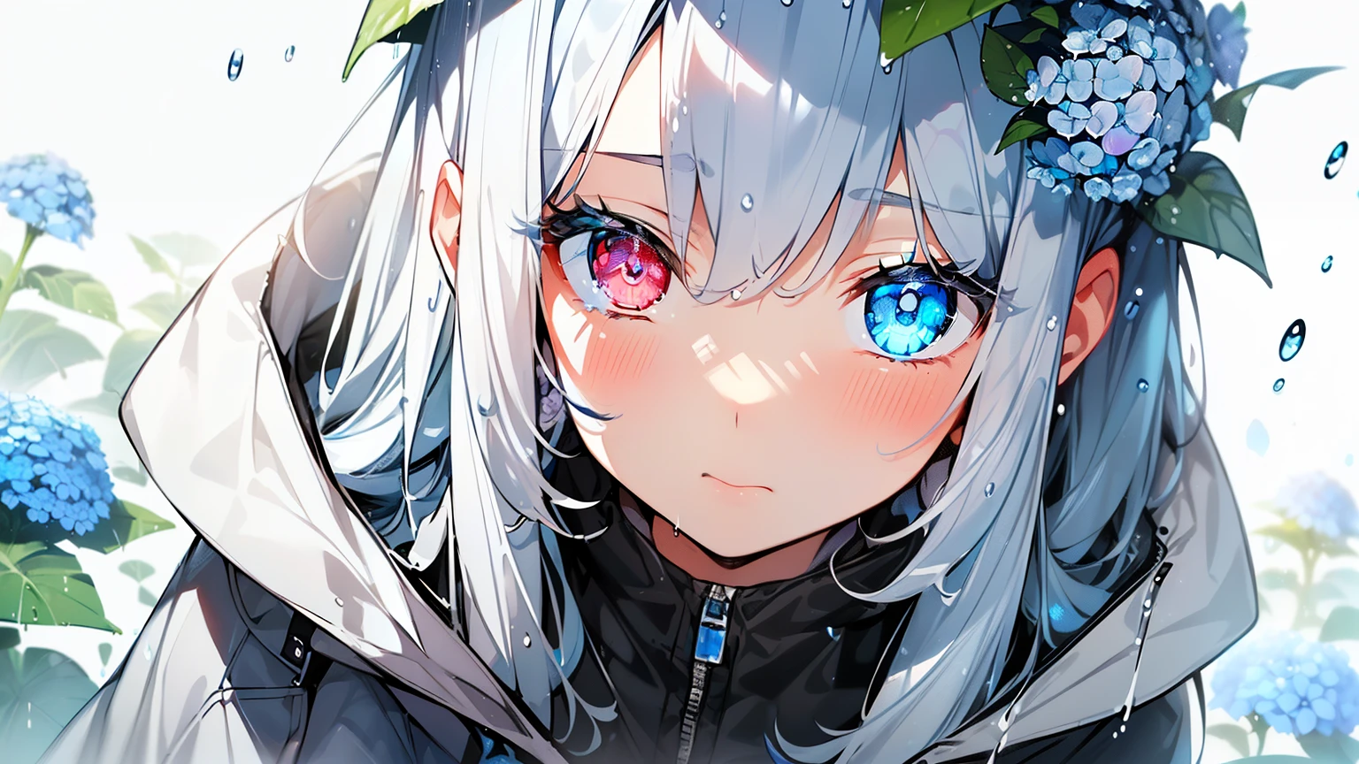 Best quality、Photorealistic、Ultra-detailed、delicate、Orderly、High Detail、Bluish silver ponytail、(Drooping heterochromia iris,glowing eyes:1.3)、slender、(One girl:1.2)、(Dynamic Angle、Blue hydrangea、Girl wearing a rain parka、Get wet、cinematic concept art、White background、Natural Beauty:1.3)、