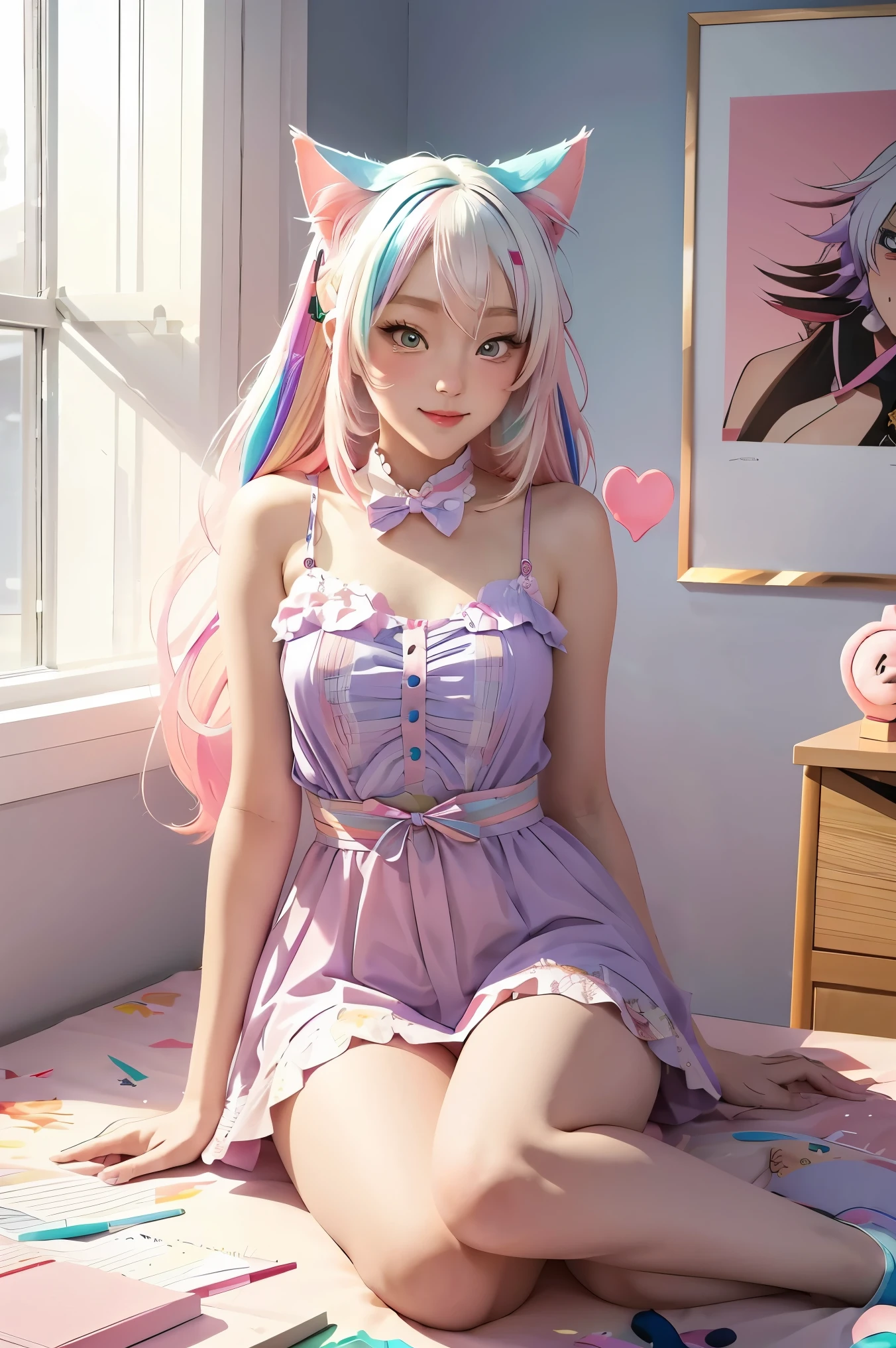 Colorful hair and colorful dress in anime ((cat-eared 1girl)),   pastel vivid, rossdraws cartoon vivid, anime style 4k, beautiful anime portrait, artgerm colorful!!!、! dream art germ, beautiful anime, cat ear 1girl, anime style digital art, anime art wallpaper 4k, anime art wallpaper 4k, digital anime art, highly detailed art germ, ,  full body, sitting in her office, white hair, front view, smirking,