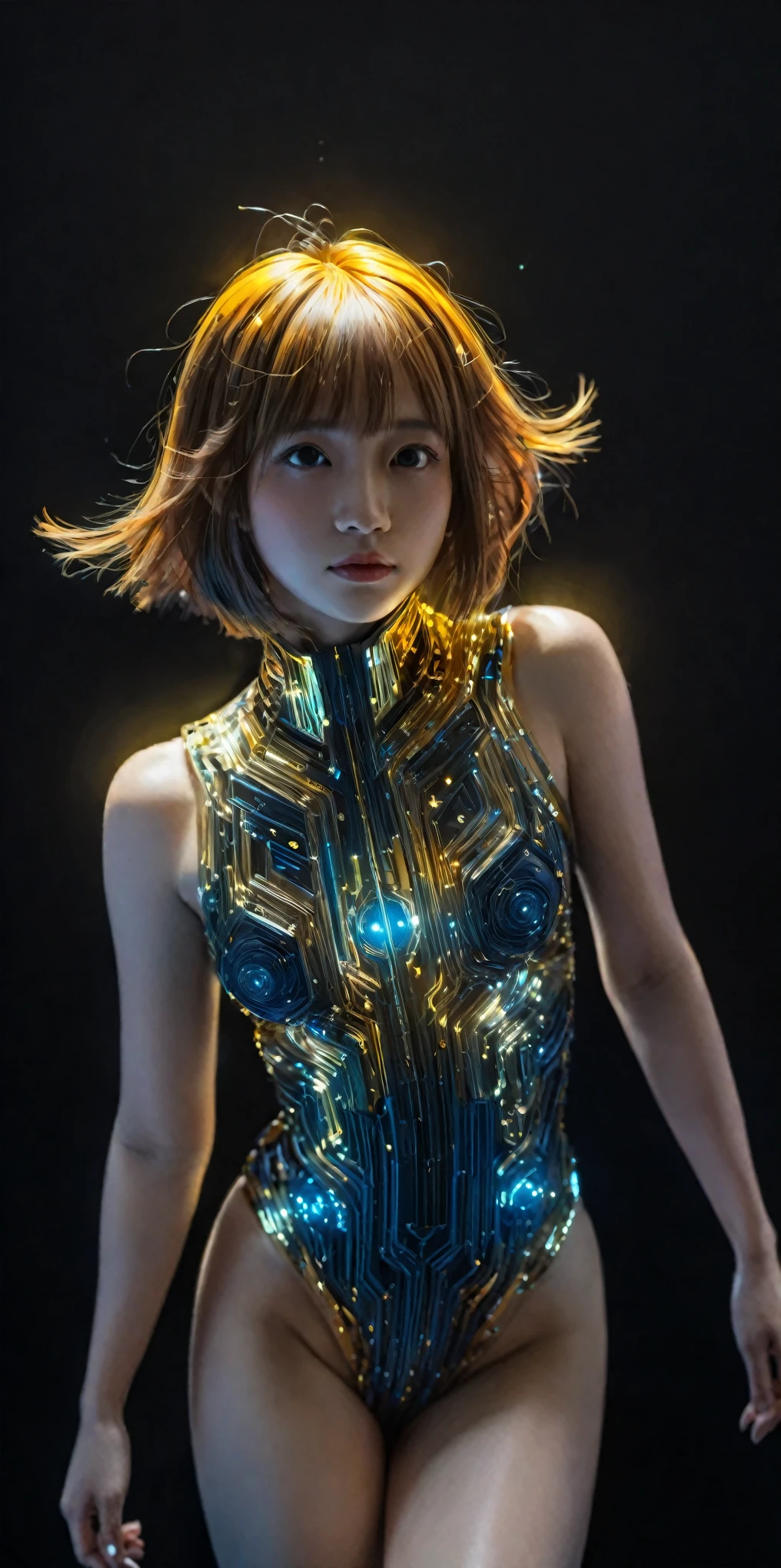 full body, Intricate painting of an exploded female bust made from circuit boards, Winner of the Behance competition, vanity, angle, gold medal_flash, Luminous lines, Dark background, (best quality,4k,8k,highres,masterpiece:1.2), ultra-detailed, (realistic,photorealistic,photo-realistic:1.37), HDR, UHD, studio lighting, ultra-fine painting, sharp focus, physically-based rendering, extreme detail description, professional, vivid colors, bokeh, portraits, landscape, horror, anime, sci-fi, photography, concept artists, vibrant color palette, surreal lighting.