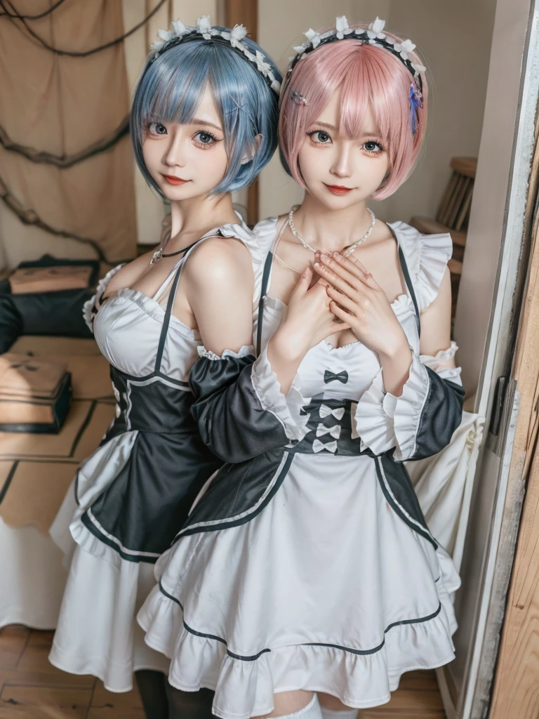 (8K, Photorealistic, Raw photo, of the highest quality: 1.3), (1girl in), Super beautiful, (Realistic face), (boyish, light blue Color Berry Shorthair),(8K, Photorealistic, Raw photo, of the highest quality: 1.3), (1girl in), Super beautiful, (Realistic face), (boyish, pink Color Berry Shorthair), Beautiful , Glare that captivates the viewer, Beautiful expression, Beautiful breasts, (Realistic skin), Be...Create a detailed and colorful image of Ram and Rem from Re:Zero, standing back-to-back in their maid outfits, with a magical fantasy background、14years old, two girls,cute, perfect face, beautiful, nice body, gothic lolita clothes, gothic lolita fashion, frilly skirt, headdress, necklace, bracelet, knee-high socks, boots, double eyelids, tear bags, Detailed down to the fingers, photo-like description, indoors, dim indoor lighting, one girl is pink hair and short bob, another girl is light blue hair and short bob,standing, whole body, composition that shows the whole body, smiling,The Both of them are wearing the same type of maid outfit