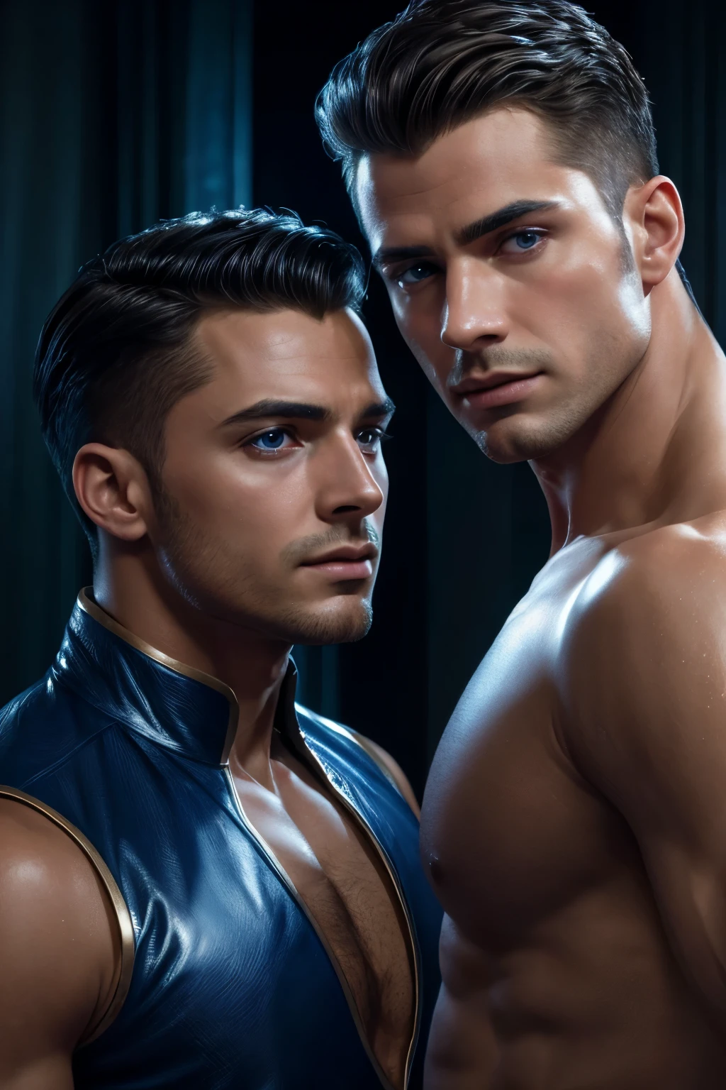 ((masterpiece)),((bestquality)),8k,high detailed,ultra-detailed, Neutral Expression, Stylish Pose, real skin texture, cinematic lighting,
Gay couple in the style of royal blue
