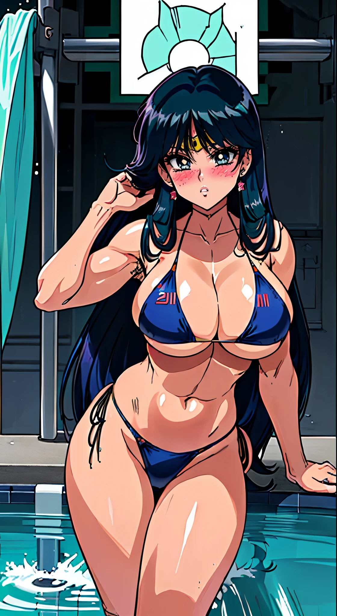 (melhor qualidade:1.3), (qualidade 4K), Rei Hino, ((detailed face)), ((huge muscles)),(( hair cut)), ((navy blue hair)), ((blush)), ((a lock of green hair)), (peitos grandes), clivagem, sexy, (pool), ((bikini cloth))