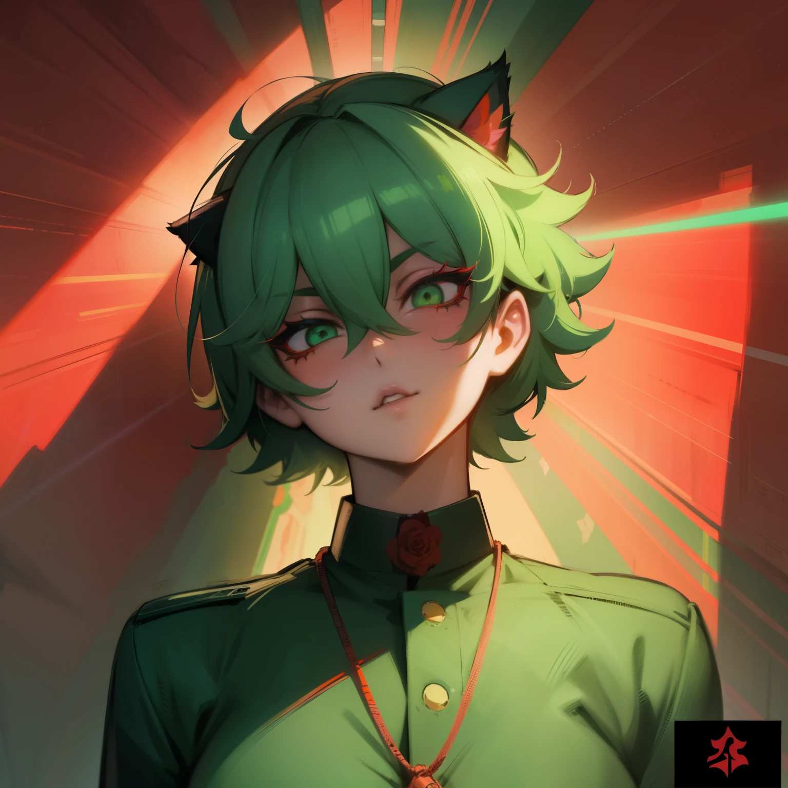 anime girl with green hair and red bra top holding a rose , seductive anime girl, ross tran style, artwork in the style of guweiz, guweiz, Depict face emerging from the shadows, magazine cover, poster art, robot Police, cat ears, Laser beam, hint of vibrant