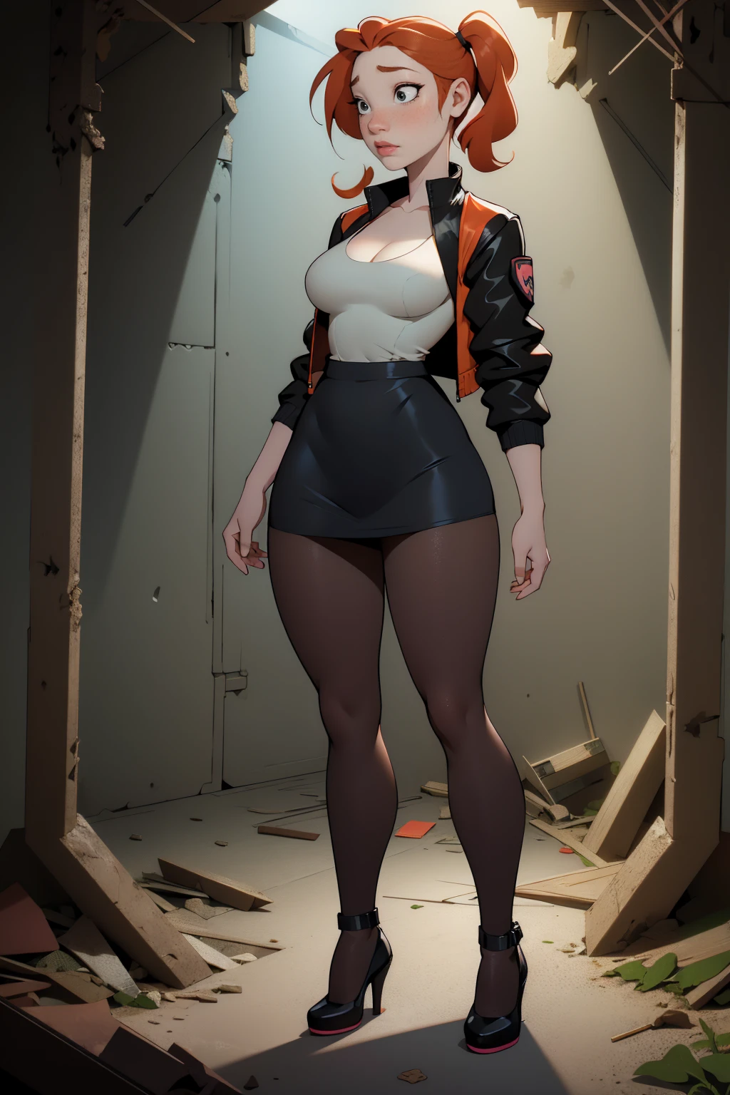 1girl, ginger, freckled face, face freckles, rosy, 1 girl, solo, full body view, pigtails haircut,pale skin,big bust,beautiful, shirt, jacket, tight skirt, black tights, black high heel shoes, ((in an old abandoned basement))
