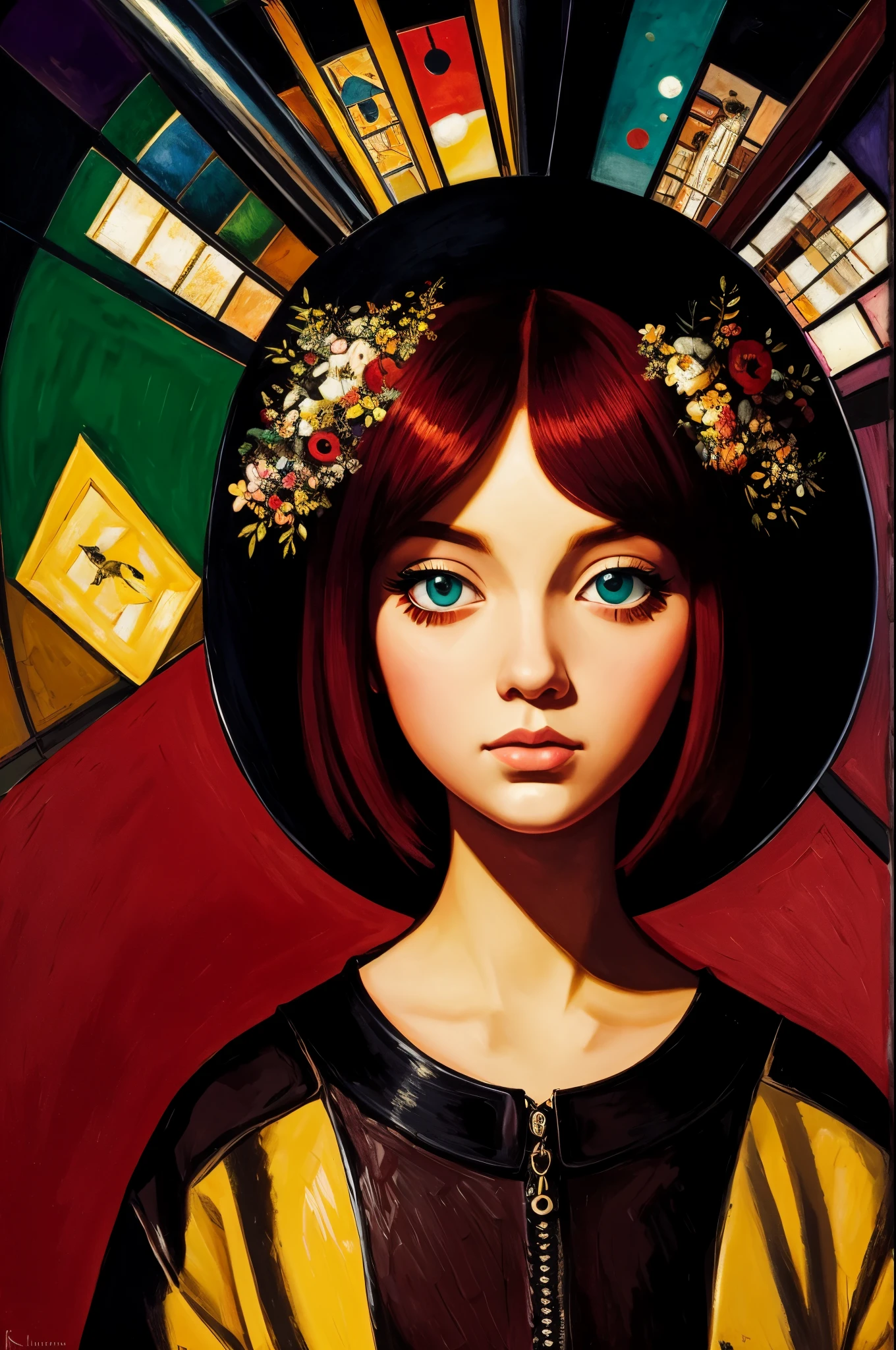 [[(front full portrait:1girl (solo) with big eyes and a short hair bob), ((Ilya-Kuvshinov style)),comic art [dress ((Marc Chagall style))]):20]/[background:landscape
 Renaissance+Baroque, old canva, (scarlet sunset), ((style Hieronymus-Bosch))]/[very colorful,((oil painting palette knife))((masterpiece))]]