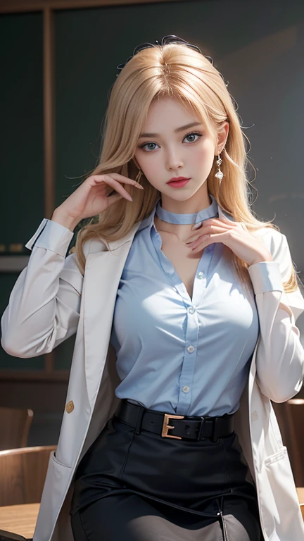 (8K,high resolution,Masterpiece, best quality, alone, complicated details, Chromatic aberration), realistic, ((Moderate breath)), hair in one eye,purple eyes, round hoop earrings, sharp eyes, Diamond-encrusted choker, (symmetrical eyes),(Perfect symmetrical body),Photo of a beautiful 21 year old teenage girl,(fit the body), ,Beautiful and charming with contemporary fashion paintings as well...., looking at the audience, ((In the background of a large classroom)), (black short skirt), ((The young woman wore a form-fitting white short-sleeved shirt., Unbuttoning the buttons, Revealing a little breast..)), ((A short black pencil skirt with a deep slit on the side..)), belt, ((Put your hands down.)),Blonde hair, Bob, long hair, Lateral smoothness,,copper blonde hair, sit, sharp eyeliner, Eye shadow blush with thick eyelashes, Very delicate and beautiful, round chin, Sharp focus, elegant,sitบนโต๊ะเรียน ยกขาข้างหนึ่งขึ้นให้อยู่ในระดับสายตา, The legs are slightly separated..,dynamic gesture,((Top the shirt with a crisp blue lab coat that doesn&#39;t reach your hips.))

