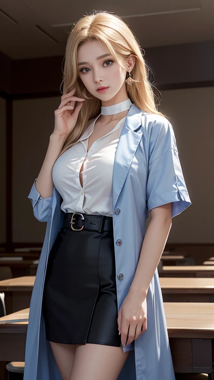 (8K,high resolution,Masterpiece, best quality, alone, complicated details, Chromatic aberration), realistic, ((Moderate breath)), hair in one eye,purple eyes, round hoop earrings, sharp eyes, Diamond-encrusted choker, (symmetrical eyes),(Perfect symmetrical body),Photo of a beautiful 21 year old age girl,(fit the body), ,Beautiful and charming with contemporary fashion paintings as well...., looking at the audience, ((In the background of a large classroom)), (black short skirt), ((The young woman wore a form-fitting white short-sleeved shirt., Unbuttoning the buttons, Revealing a little breast..)), ((A short black pencil skirt with a deep slit on the side..)), belt, ((Put your hands down.)),Blonde hair, Bob, long hair, Lateral smoothness,,copper blonde hair, sit, sharp eyeliner, Eye shadow blush with thick eyelashes, Very delicate and beautiful, round chin, Sharp focus, elegant,sitบนโต๊ะเรียน ยกขาข้างหนึ่งขึ้นให้อยู่ในระดับสายตา, The legs are slightly separated..,dynamic gesture,((Top the shirt with a crisp blue lab coat that doesn't reach your hips.))