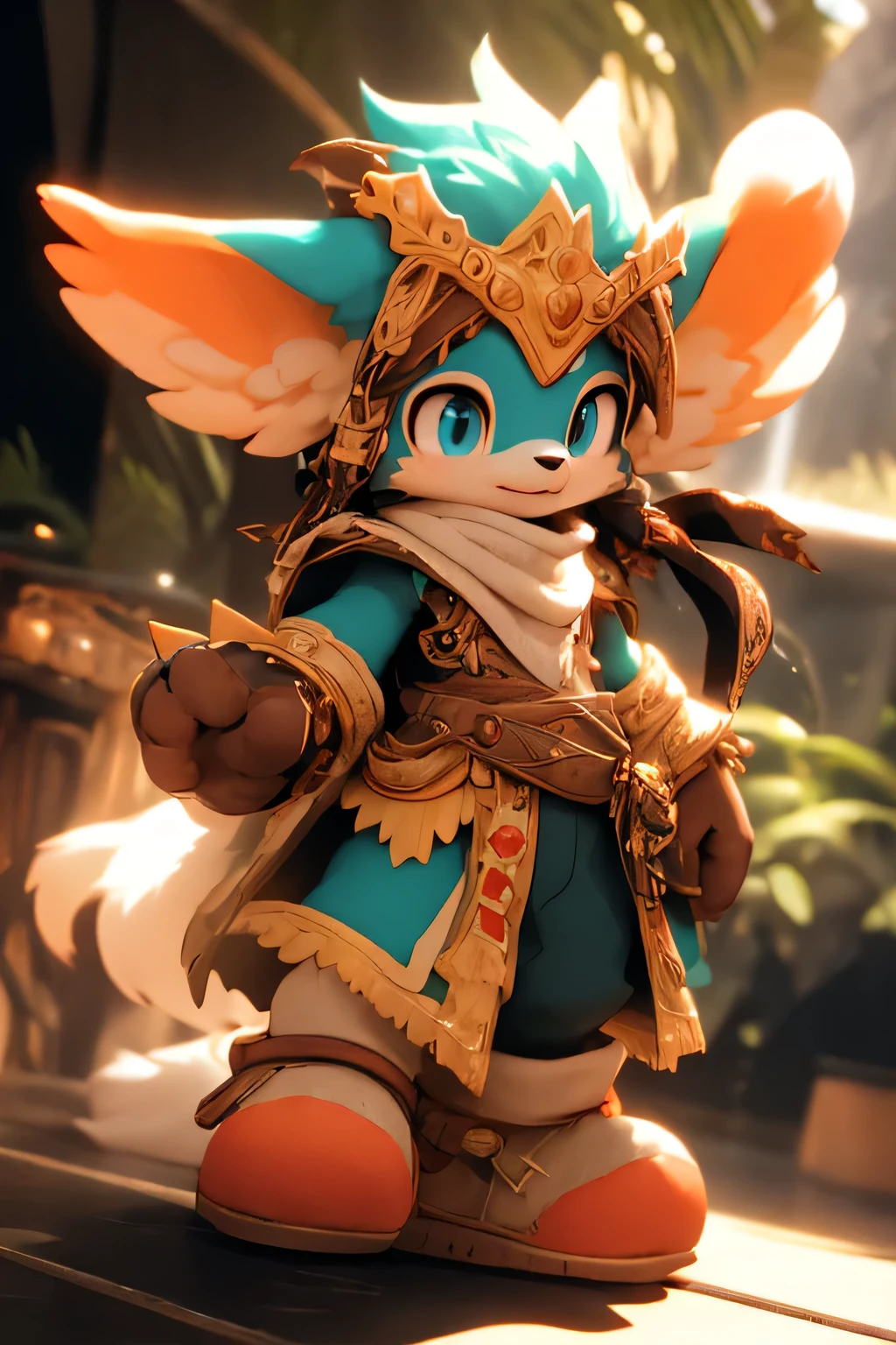 fantasy art shadow, 8K, HD, masterpiece,The King of Sorrow's physical appearance is reminiscent of Klonoa's original design. He is mostly unclothed and wears a collar with two scarf-like threads coming down past his feet. He also wears orange bangle-like objects on his wrists and ankles. His eyes are tinted red, possibly from weeping. His fur is teal and white on the inside of his ears and center of his chest. In addition, the palms of his hands and the soles of his feet are both white in color, and his feet noticeably resemble shoes to some extent,furry,anthro,close up angle of a cute faced 3S , sunny day, animal, deep bokeh, beautiful, dark cosmic background, Visually delightful, 3D, chibi,
(masterpiece:1.2), (best quality:1.2), newest, ai-generated, ultra-detailed, best shadow, detailed background, high contrast, (best illumination, an extremely delicate and beautiful), ((cinematic light)), hyper detail, dramatic light, intricate details, 8k, anime, very aesthetic, depth of field, (vibrant colors)